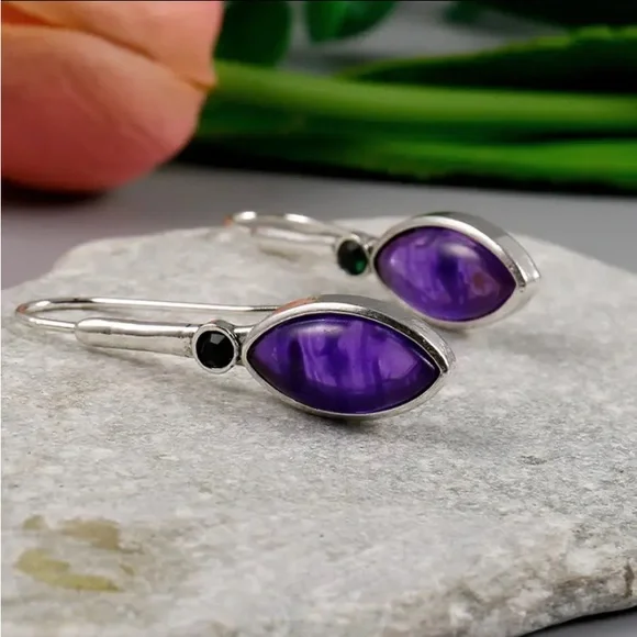 Boho Purple Zircon Hook Dangle Earrings - Picture 2 of 6
